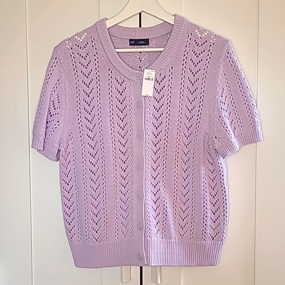 NWT GAP Pointelle Cardigan Large short sleeve light Purple